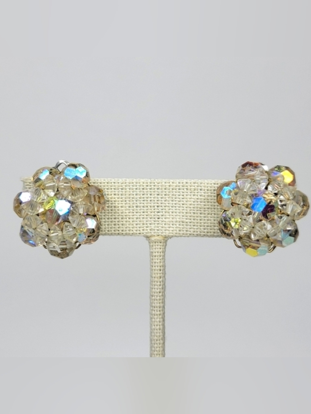 Vintage Alice Caviness Aurora Borealis Glass Bead Cluster Clipon Earrings